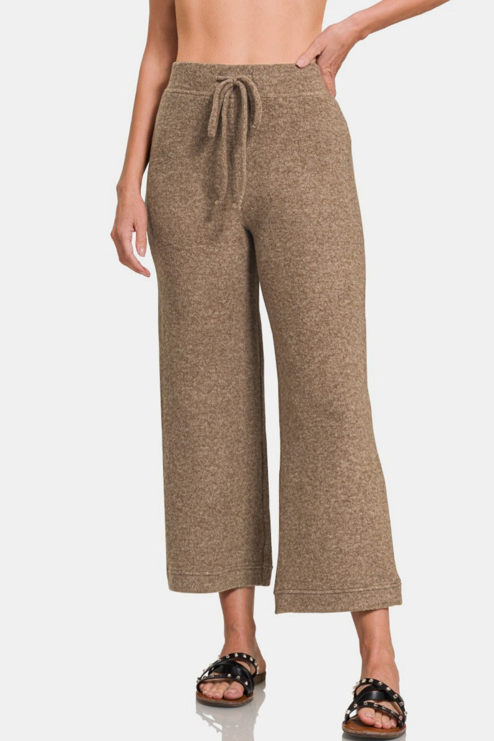 Zenana Drawstring Hacci Cropped Pants - Mocha