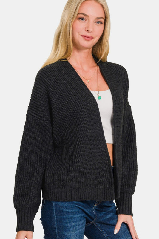 Zenana Open Front Drop Shoulder Sweater Cardigan - Black