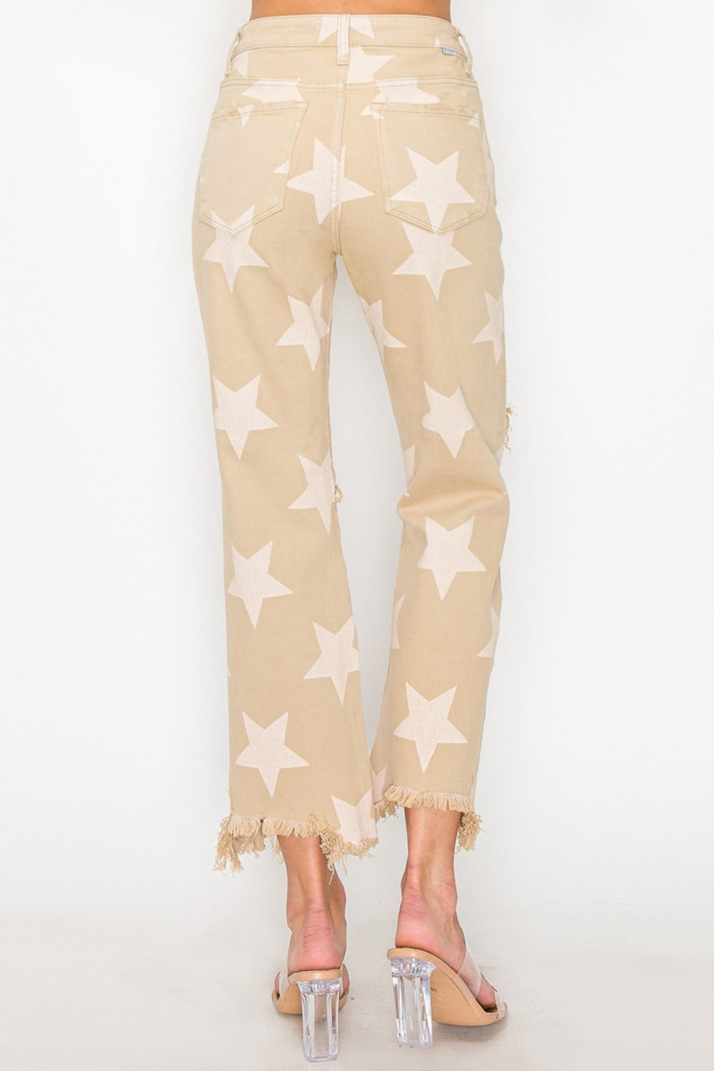 RISEN Full Size High Rise Star Printed Frayed Hem Jeans - Khaki