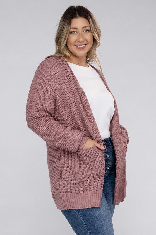 Plus Low Gauge Waffle Open Cardigan Sweater - Zenana