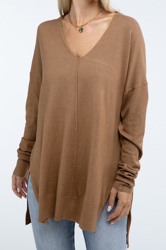 Hi-Low Hem Front Seam Sweater - Zenana