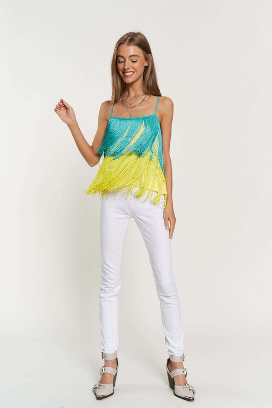 Fringe Overlay Cross Straps Party Cami Top - Davi & Dani