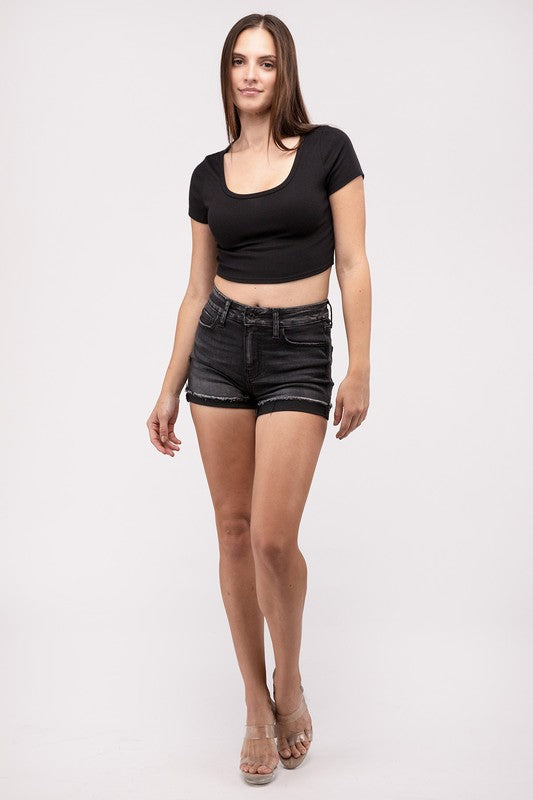 Washed Black Cuffed Raw Hem Denim Shorts - Zenana