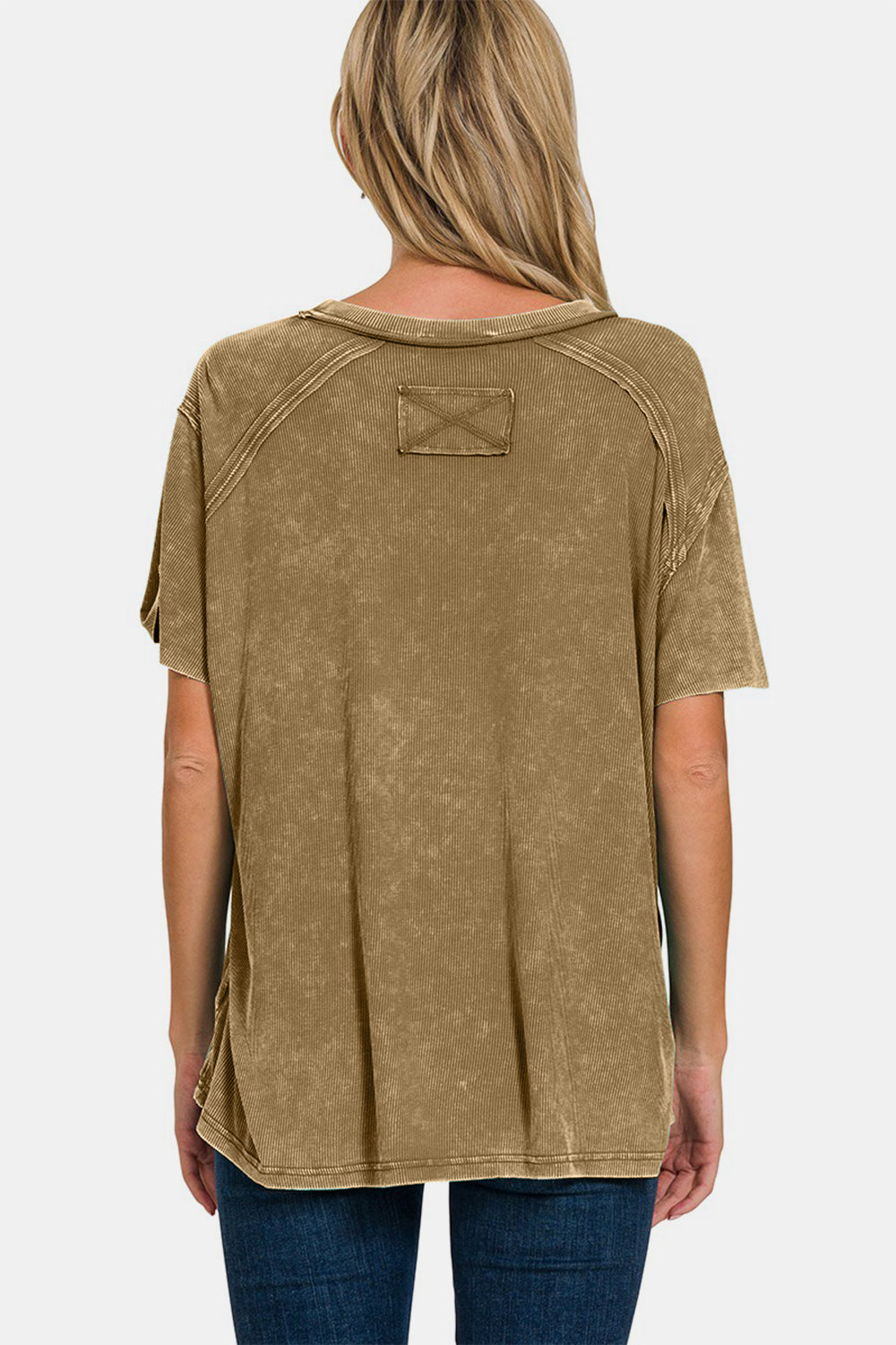 Zenana Washed Ribbed Short Sleeve Top - Mocha