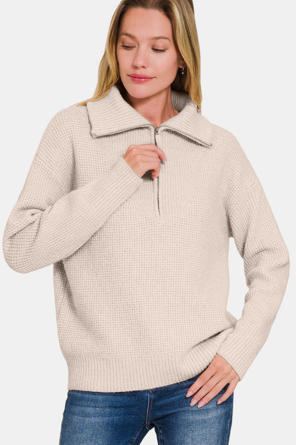 Zenana Half Zip Long Sleeve Sweater - Mocha