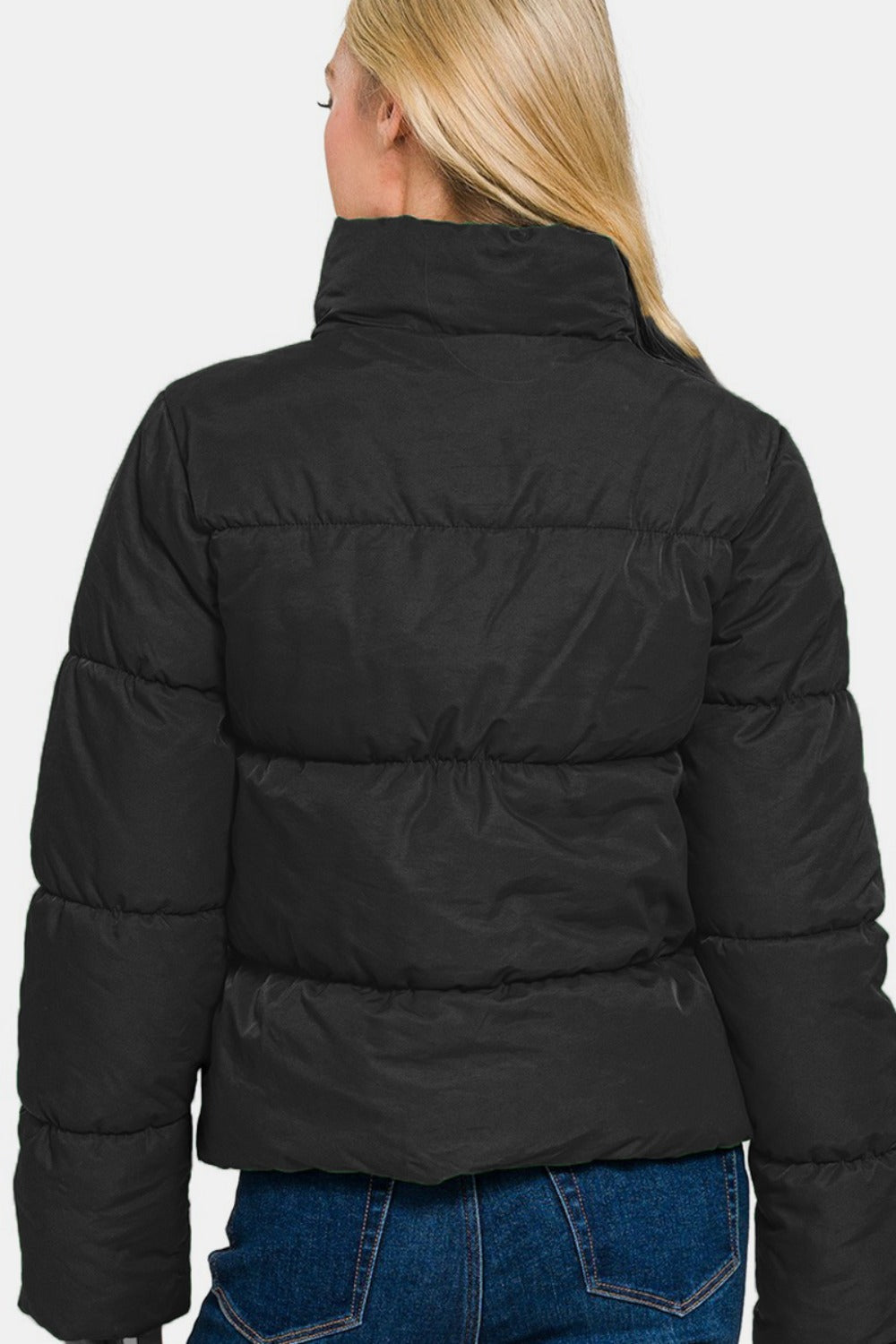 Zenana Zip Up Turtleneck Puffer Jacket with Pockets - Black