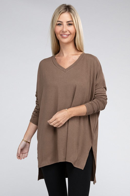 Dolman Long Sleeve V-Neck Side Slit Hi-Low Hem Top - Zenana