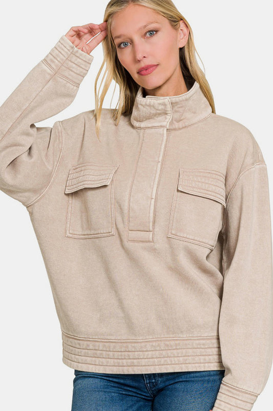 Zenana Acid Washed Half Snap Fleece Sweatshirt - Ash Mocha