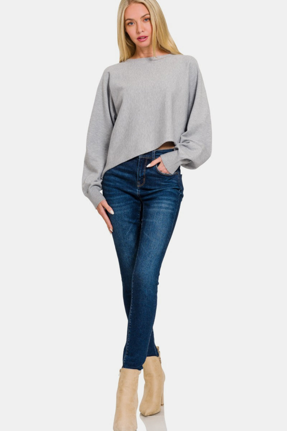 Zenana Asymmetric Hem Long Sleeve Sweater - Grey