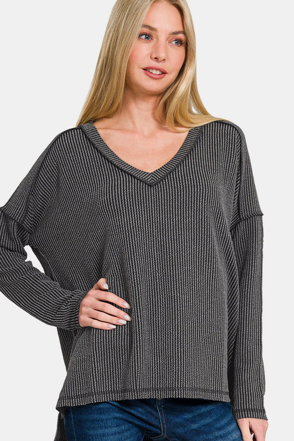 Zenana Texture Exposed Seam V-Neck Long Sleeve T-Shirt - Charcoal