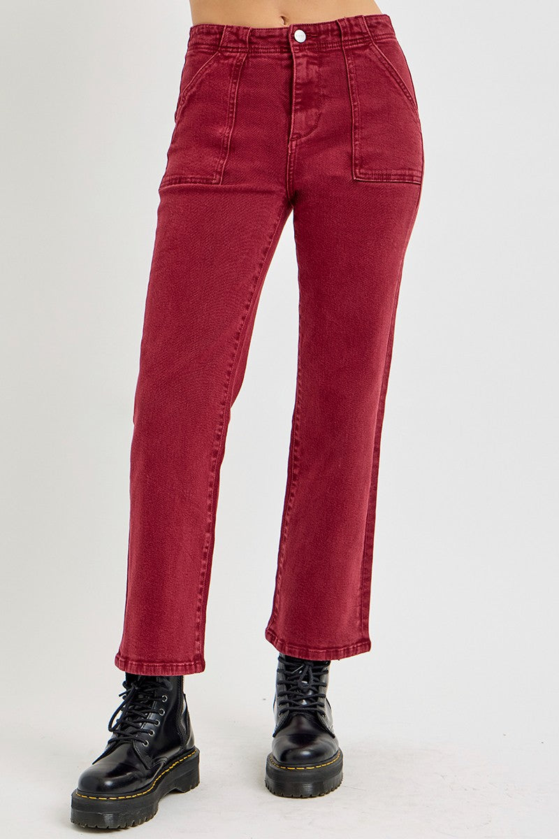 RISEN Full Size High Rise Straight Jeans with Patch Pockets - Wine