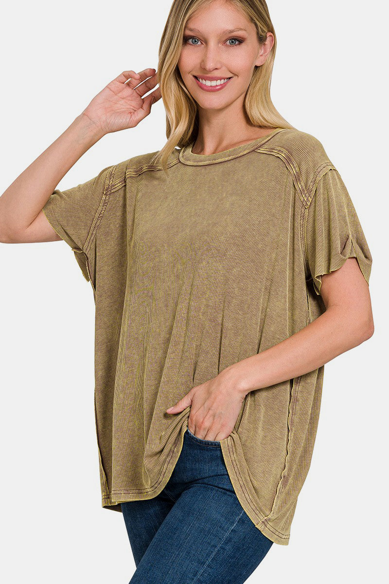 Zenana Washed Ribbed Short Sleeve Top - Mocha