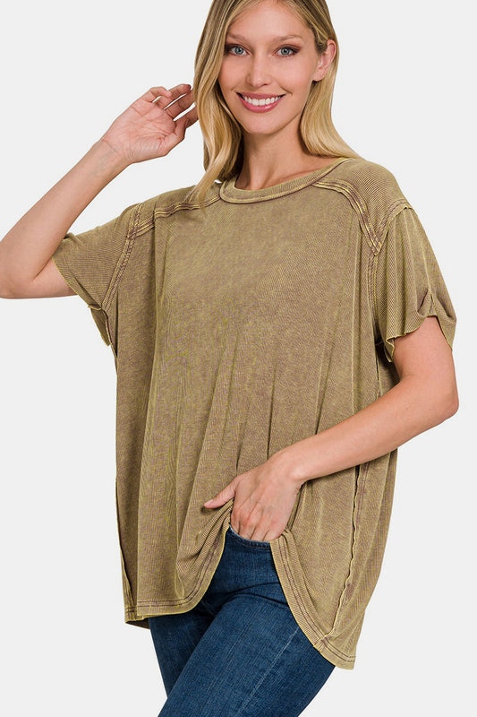 Zenana Washed Ribbed Short Sleeve Top - Mocha