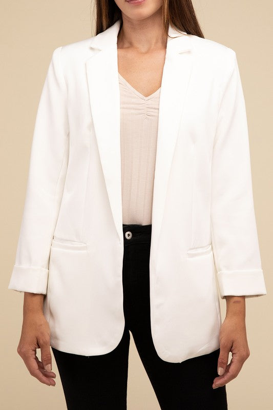 Woven Long Sleeve Open Front Classic Blazer - Zenana