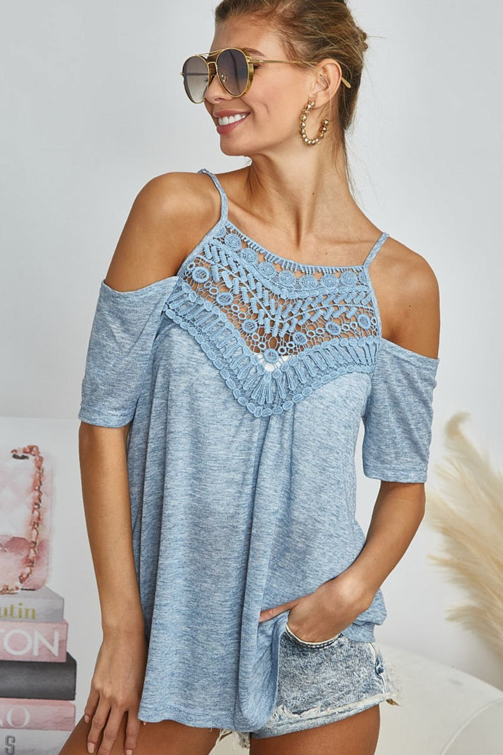 BiBi Front Crochet Lace Adjustable Strap Top - Vintage Denim