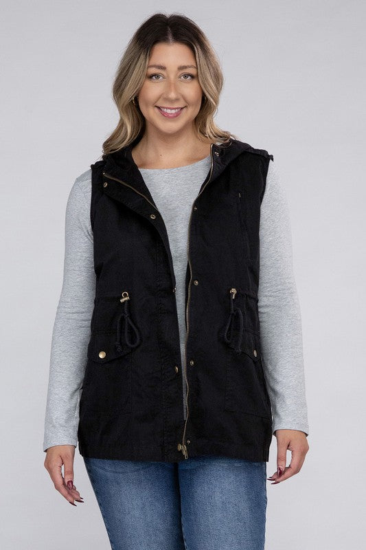 Plus Drawstring Waist Military Hoodie Vest - Zenana