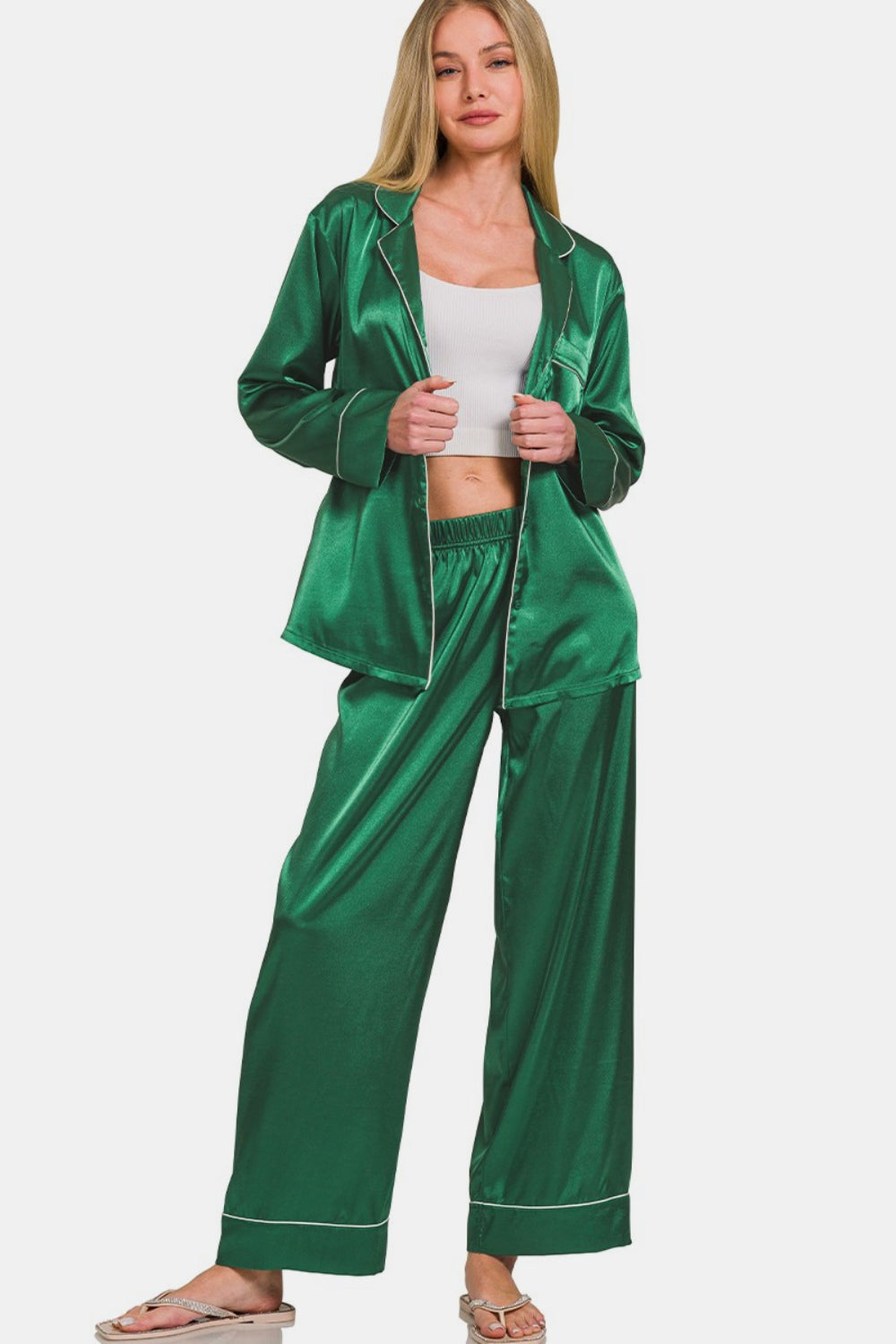 Zenana Satin Long Sleeve Shirt and Pants Pajama Set - Hunter Green