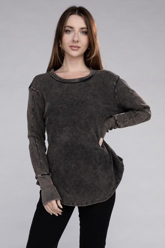 Washed Baby Waffle Long Sleeve Top - Zenana