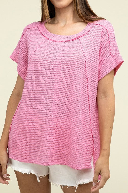 Brushed Waffle Exposed-Seam Short Sleeve Top - Zenana