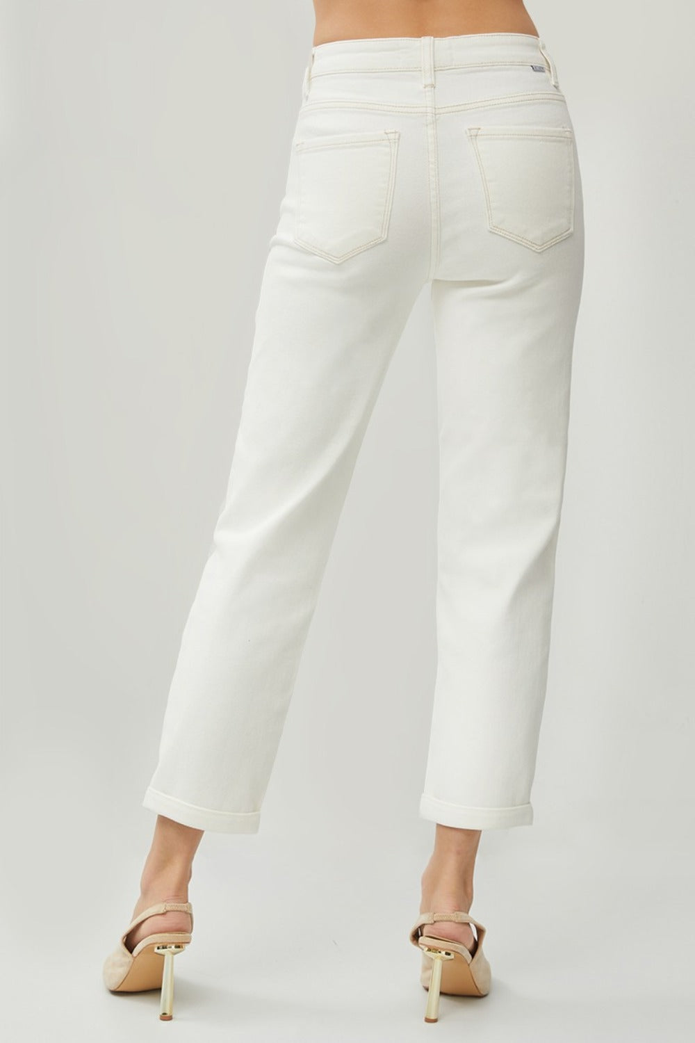 RISEN Full Size High Waist Rolled Hem Straight Jeans - Cream