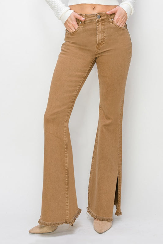 RISEN Bailey Full Size High Waist Side Slit Flare Jeans - Brown