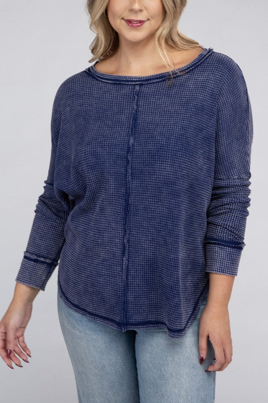 Plus Washed Baby Waffle Oversized Long Sleeve Top - Zenana