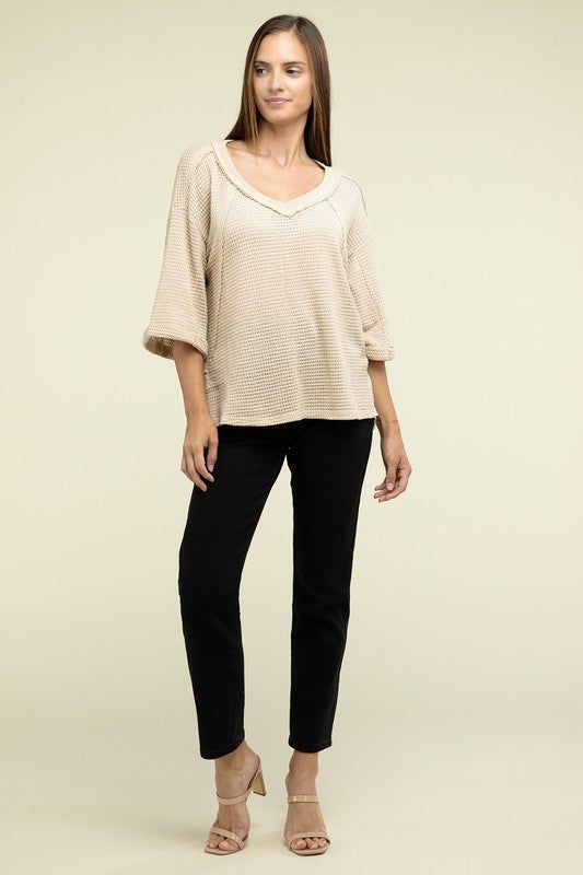 Brushed Waffle Exposed-Seam 3/4 Sleeve Top - Zenana