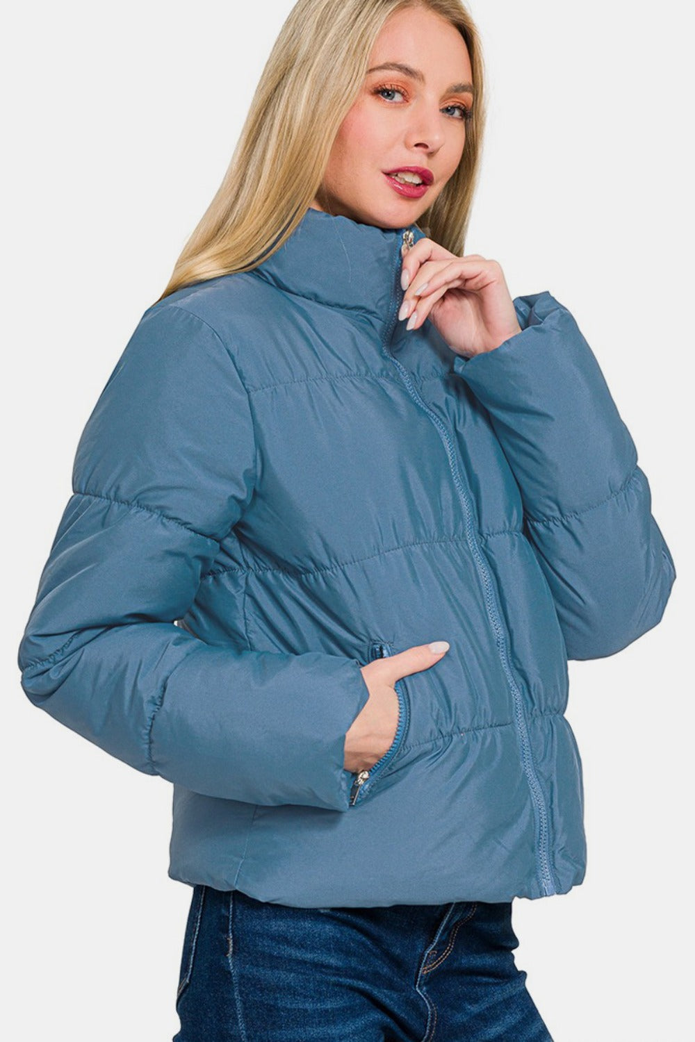 Zenana Zip Up Turtleneck Puffer Jacket with Pockets - Dusty Blue