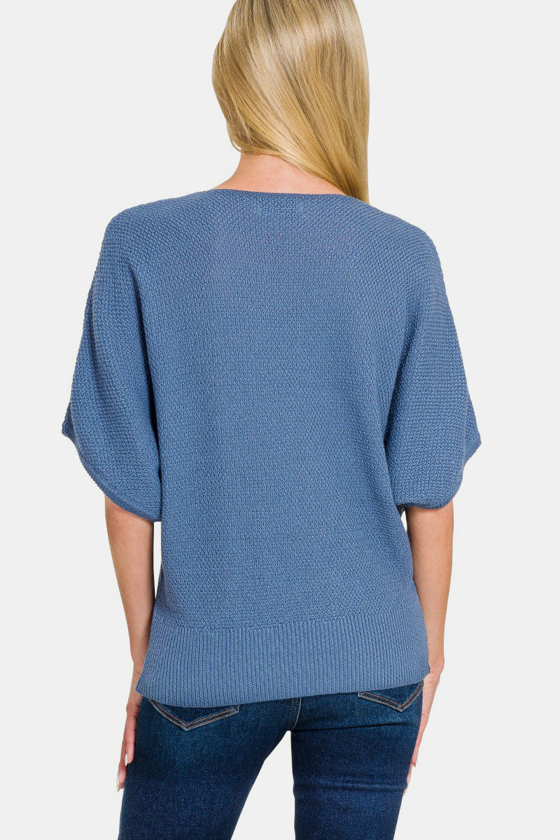 Zenana V-Neck Short Sleeve Dolman Sweater - Dusty Blue