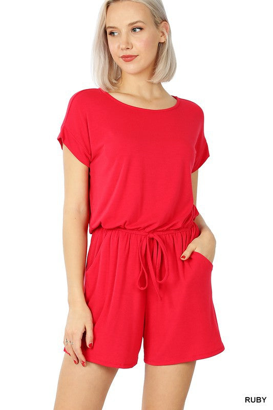 Romper w/ Elastic Waist and Back Keyhole Opening - Zenana