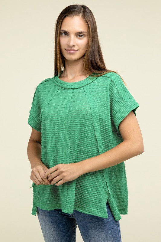 Brushed Waffle Exposed-Seam Short Sleeve Top - Zenana