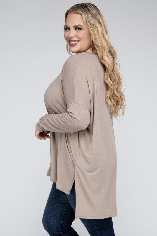 Plus Dolman Sleeve V-Neck Side Slit Hi-Low Hem Top - Zenana