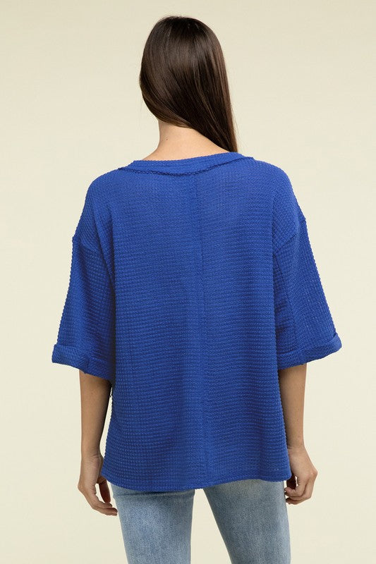 Brushed Waffle Exposed-Seam 3/4 Sleeve Top - Zenana