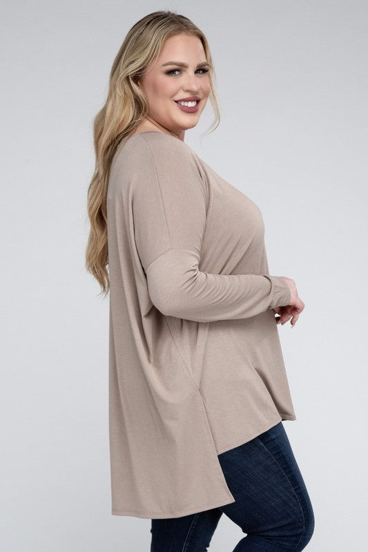 Plus Dolman Sleeve V-Neck Side Slit Hi-Low Hem Top - Zenana