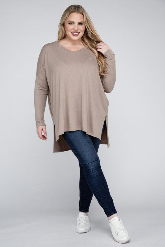 Plus Dolman Sleeve V-Neck Side Slit Hi-Low Hem Top - Zenana