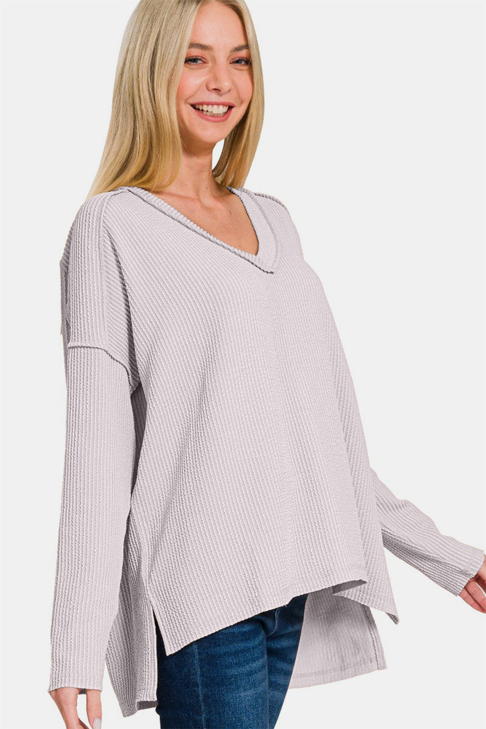 Zenana Texture Exposed Seam V-Neck Long Sleeve T-Shirt - Light Gray