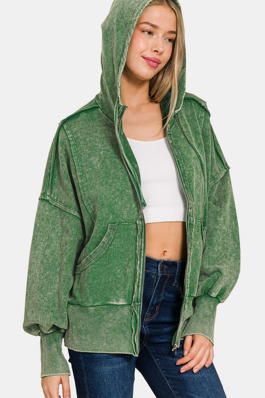 Zenana Acid Washed French Terry Zip-Up Hoodie with Pockets - Dark Green