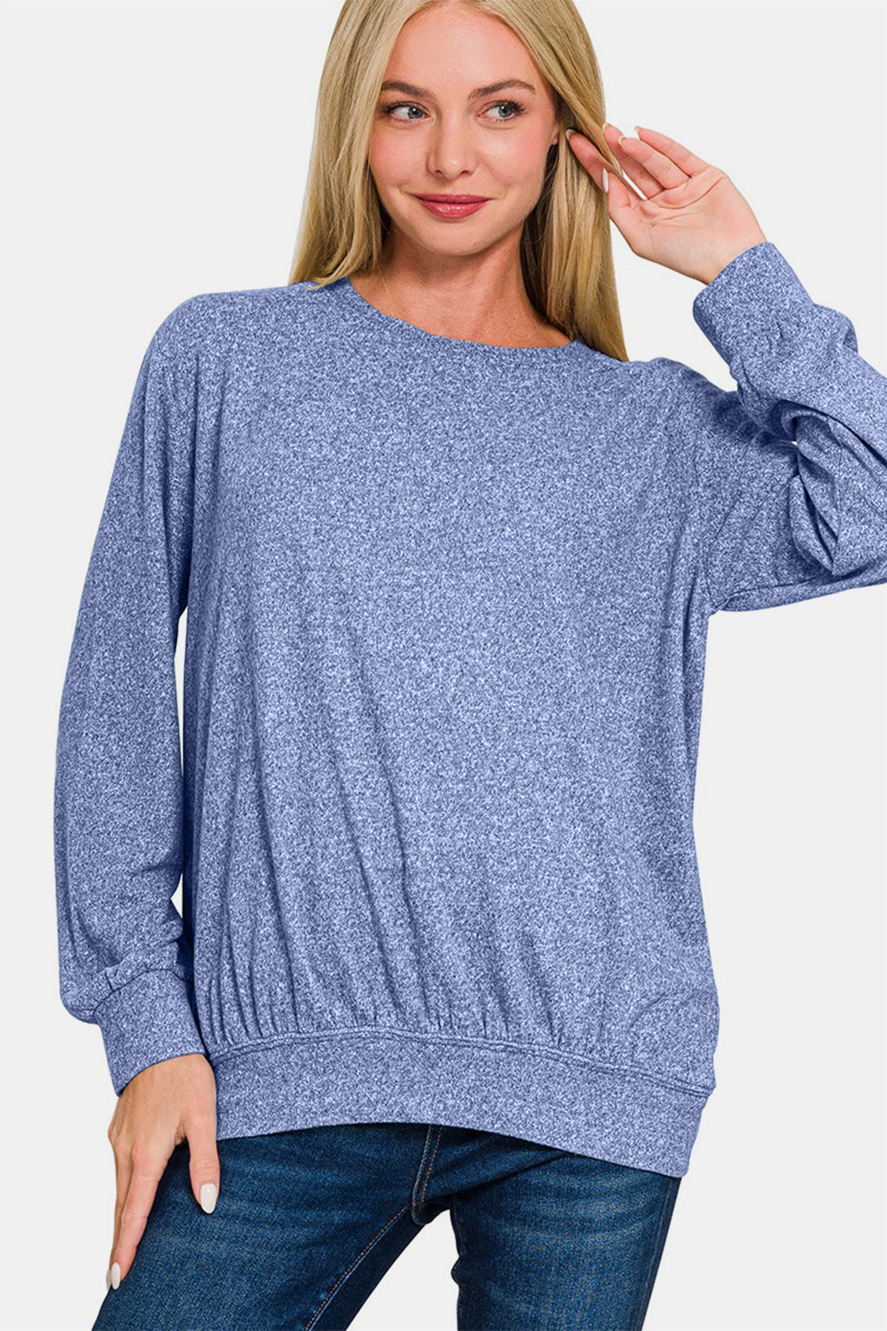 Zenana Full Size Melange Round Neck Top - Light Navy