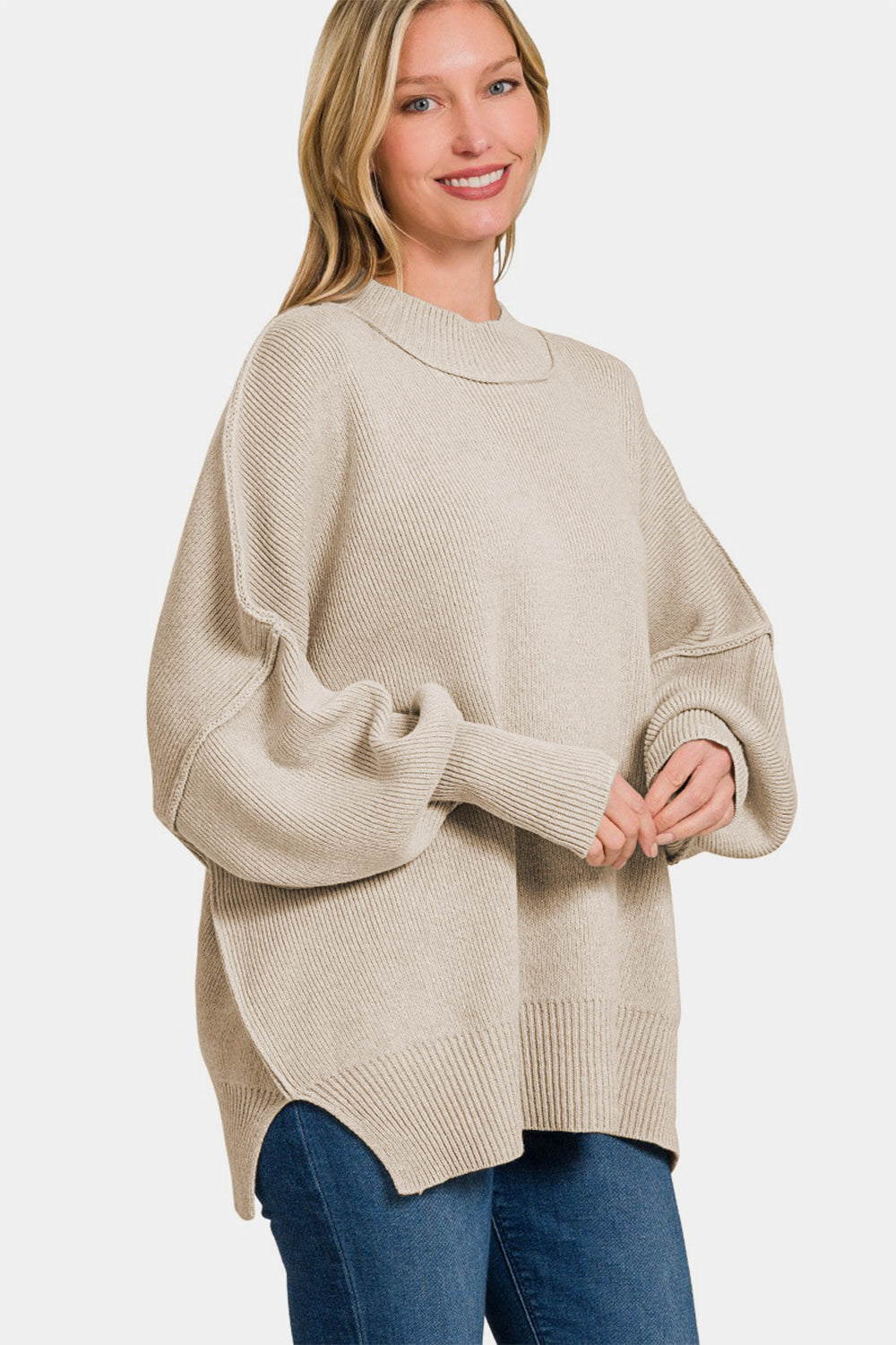 Zenana Side Sit Oversize Sweater - Beige