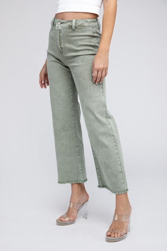 Acid Wash Frayed Cutoff Hem Straight Wide Pants - Zenana