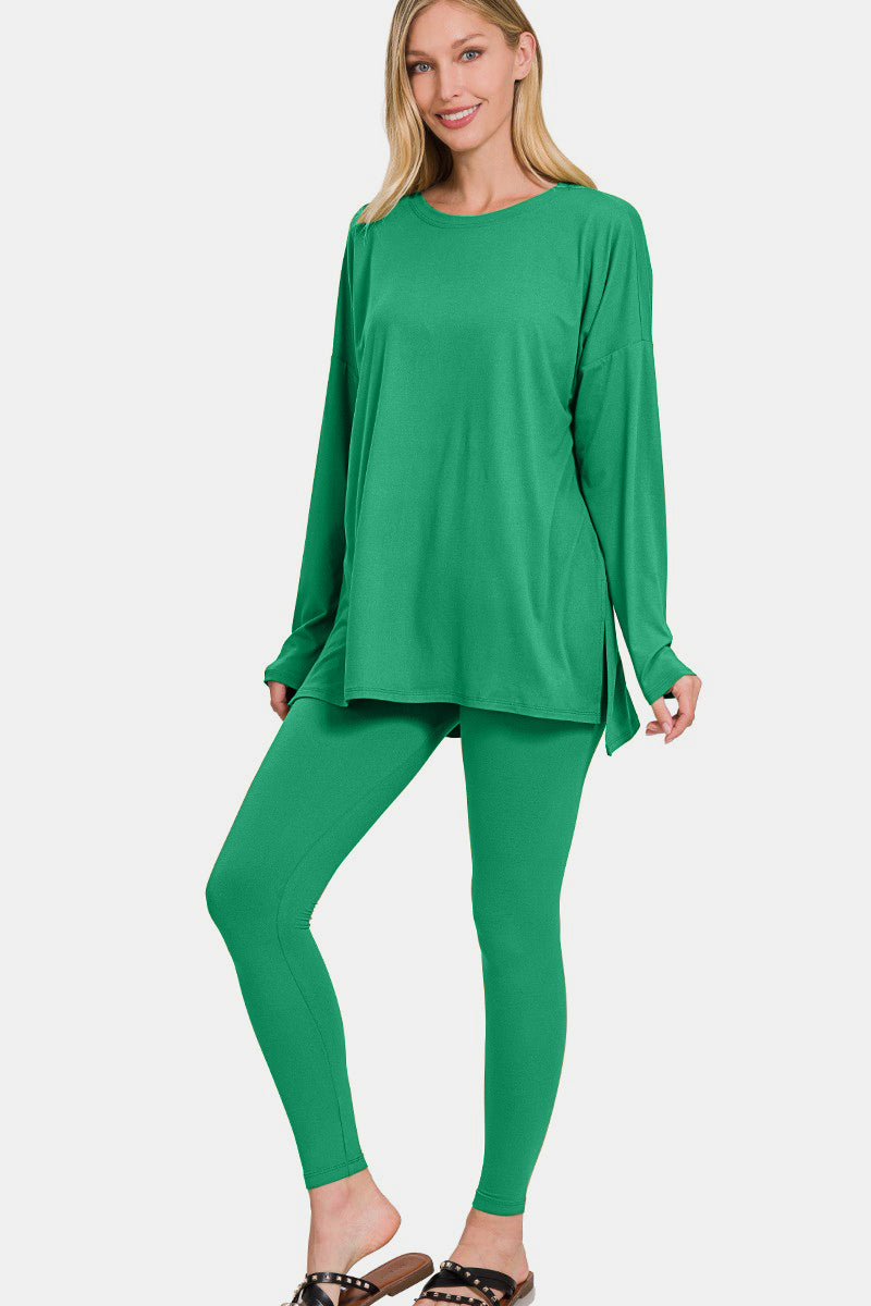 Zenana Full Size Brushed Microfiber Top and Leggings Lounge Set - Kelly Green