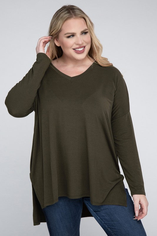 Plus Dolman Sleeve V-Neck Side Slit Hi-Low Hem Top - Zenana