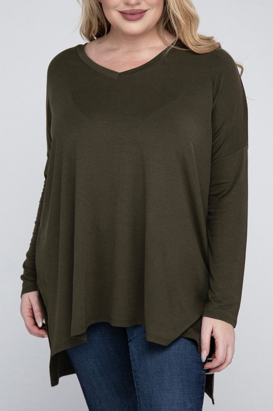 Plus Dolman Sleeve V-Neck Side Slit Hi-Low Hem Top - Zenana