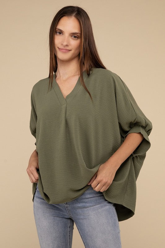 Woven Airflow V-Neck Puff Half Sleeve Top - Zenana