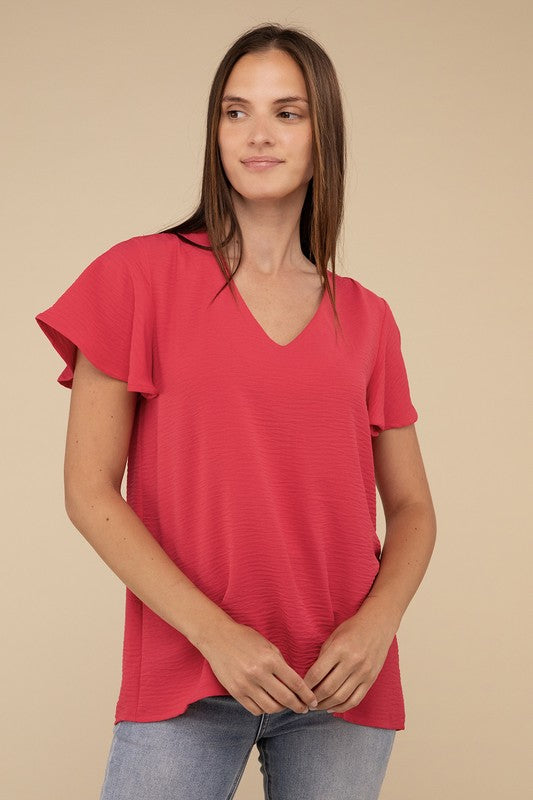 Woven Airflow Flutter Sleeve Top - Zenana