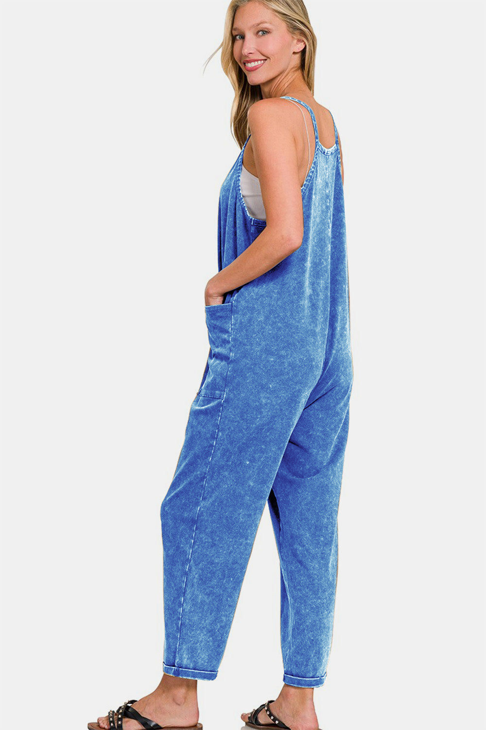 Zenana Washed Spaghetti Straps Overalls with Pockets - Blue