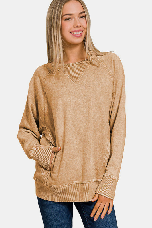 Zenana Pocketed Round Neck Sweatshirt - Camel