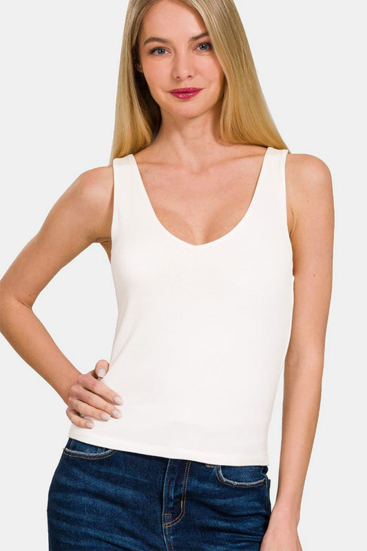 Zenana Double Layer V Neck Tank - Off White