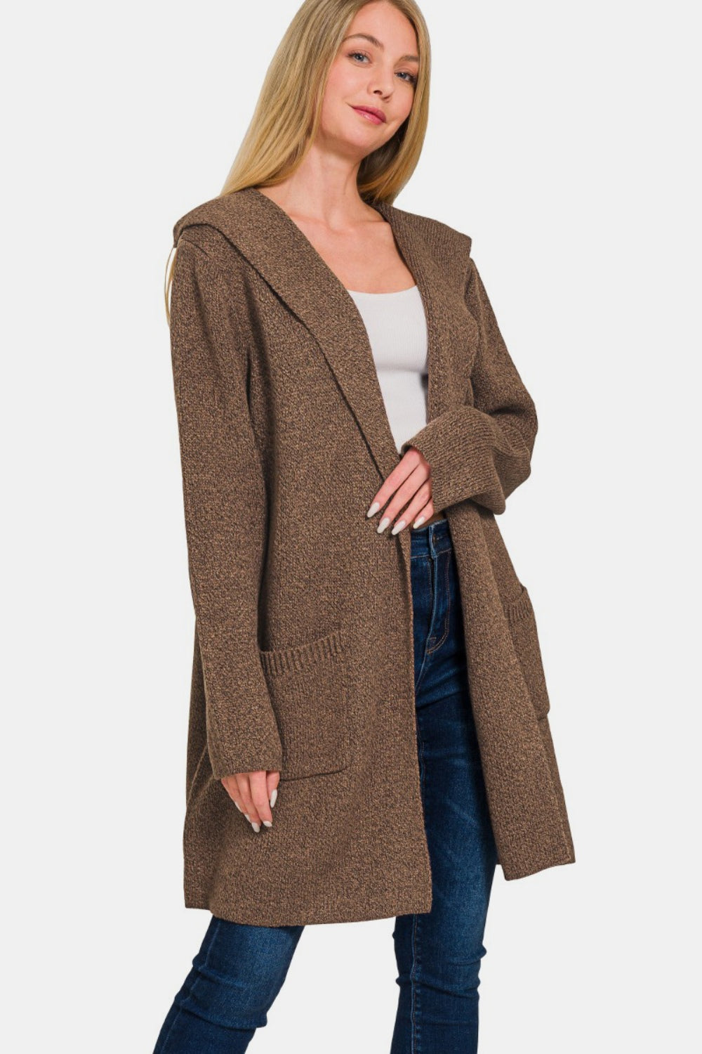 Zenana Hooded Open Front Sweater Cardigan - Brown