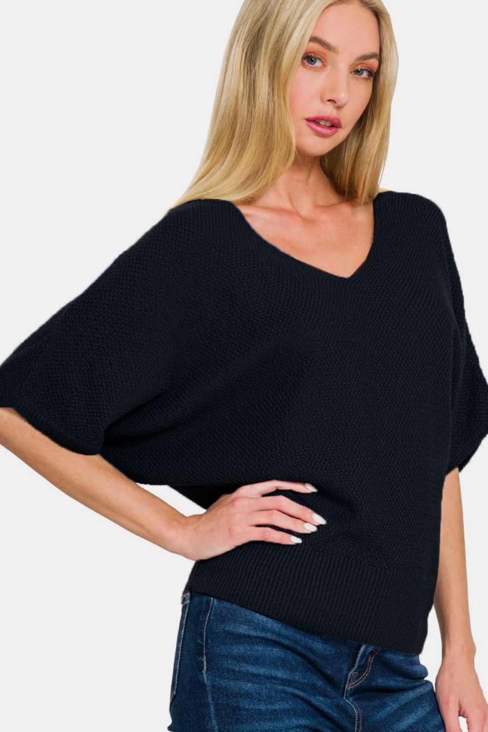 Zenana V-Neck Short Sleeve Dolman Sweater - Black